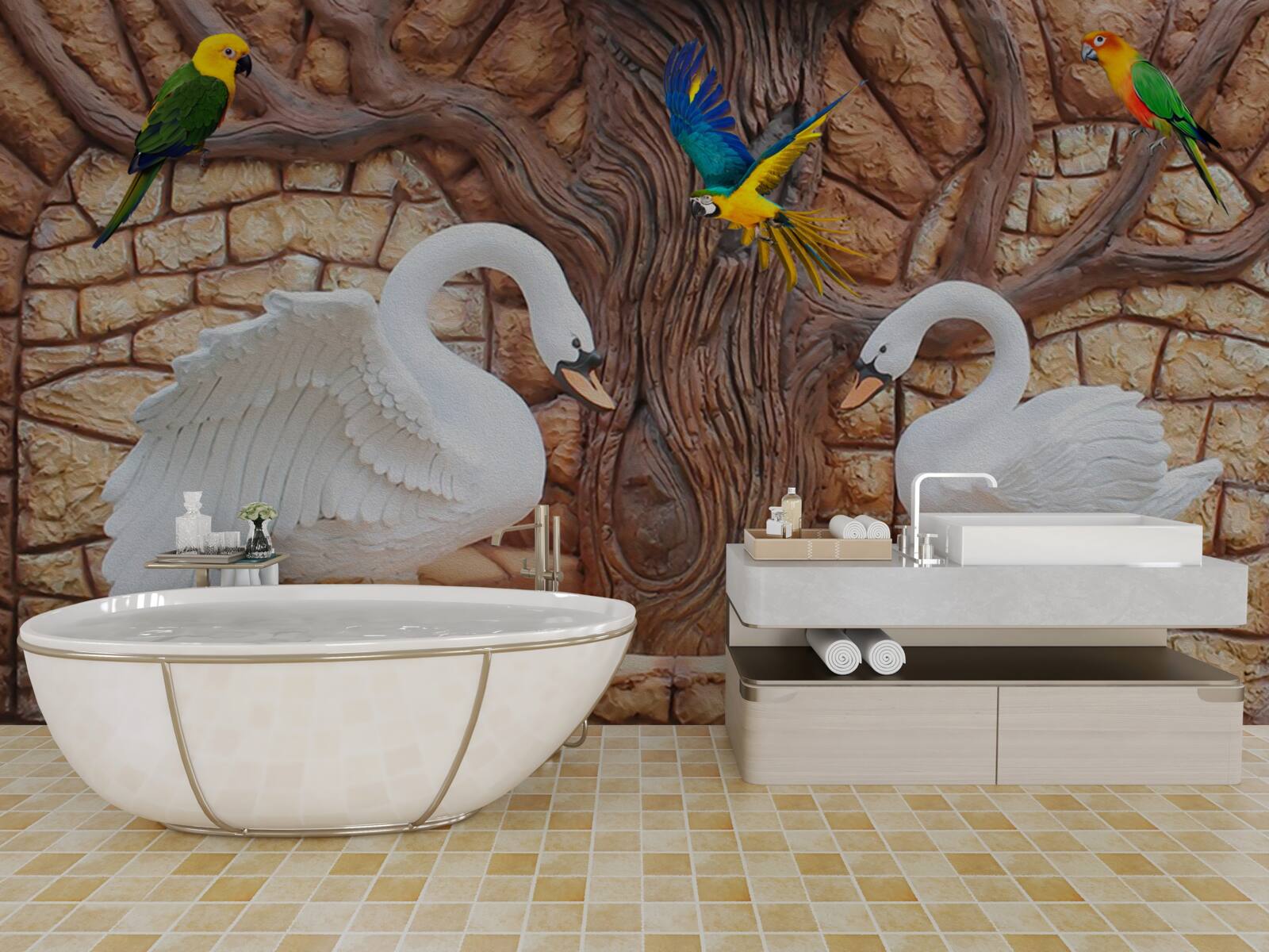 Фотошпалери два лебеді біля ставка