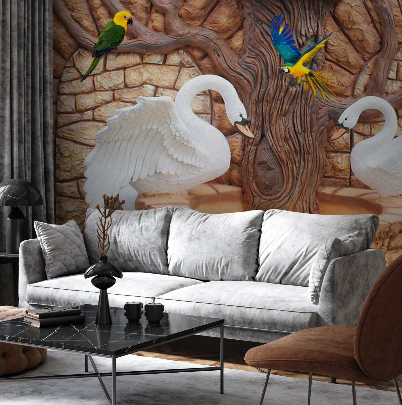 Фотошпалери два лебеді біля ставка