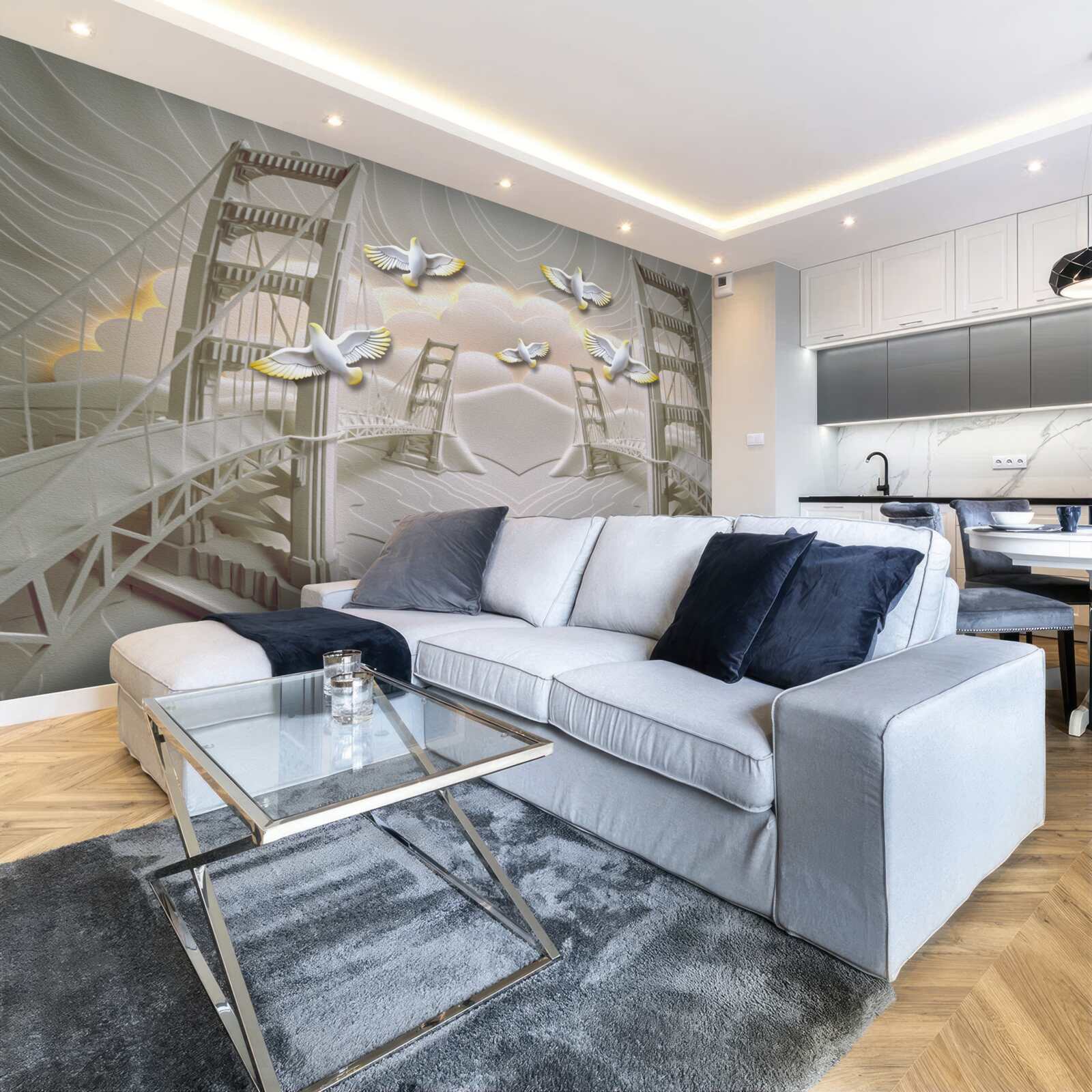 Фотошпалери відображення лебедів над мостами