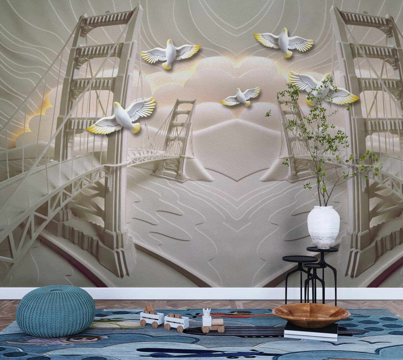 Фотошпалери відображення лебедів над мостами