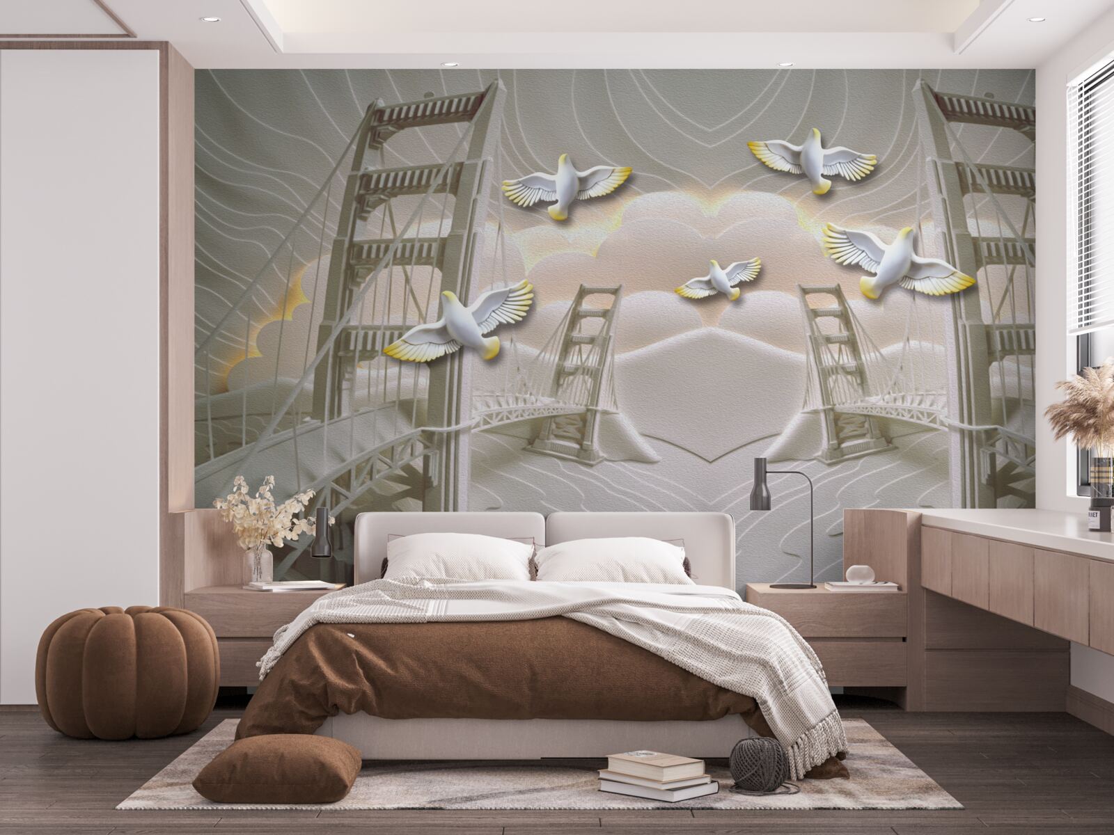 Фотошпалери відображення лебедів над мостами