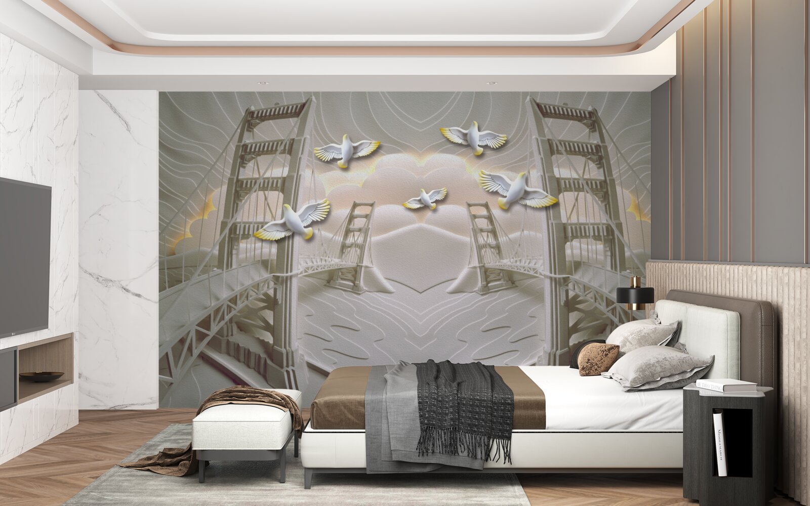 Фотошпалери відображення лебедів над мостами