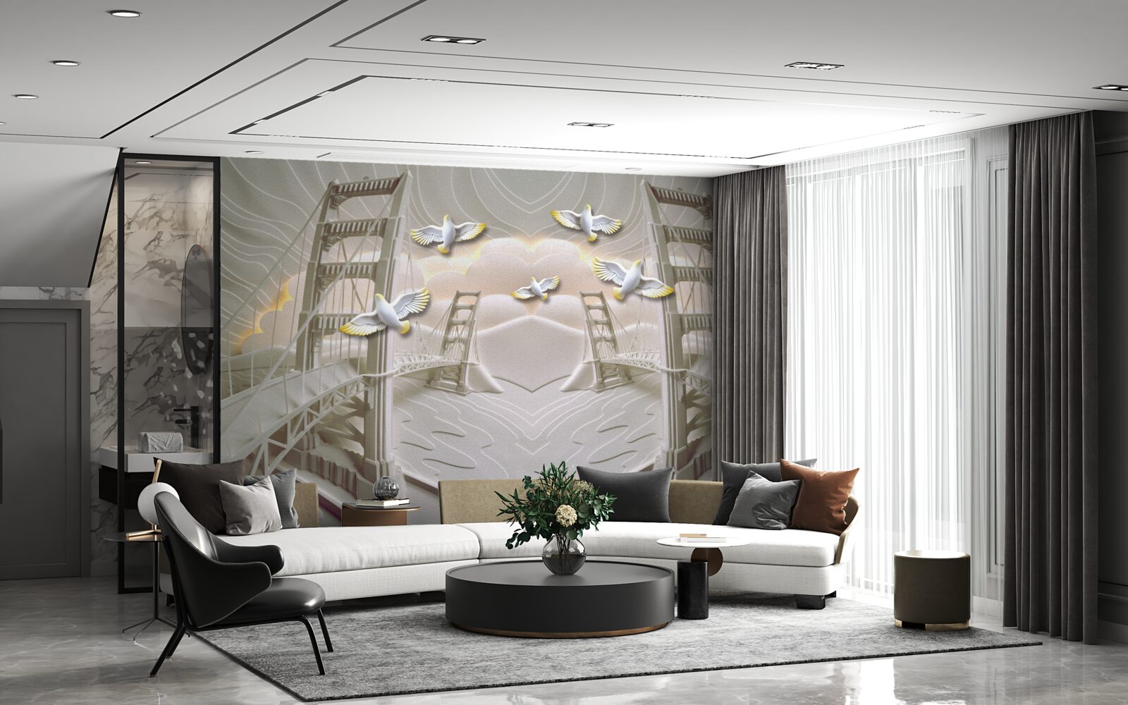 Фотошпалери відображення лебедів над мостами