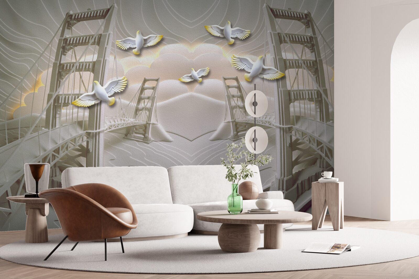 Фотошпалери відображення лебедів над мостами