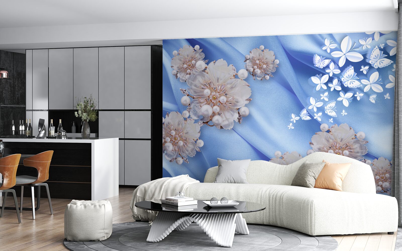 Фотошпалери білі метелики та квіти на блакитному шовку