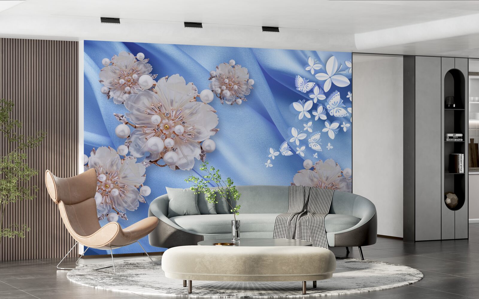 Фотошпалери білі метелики та квіти на блакитному шовку