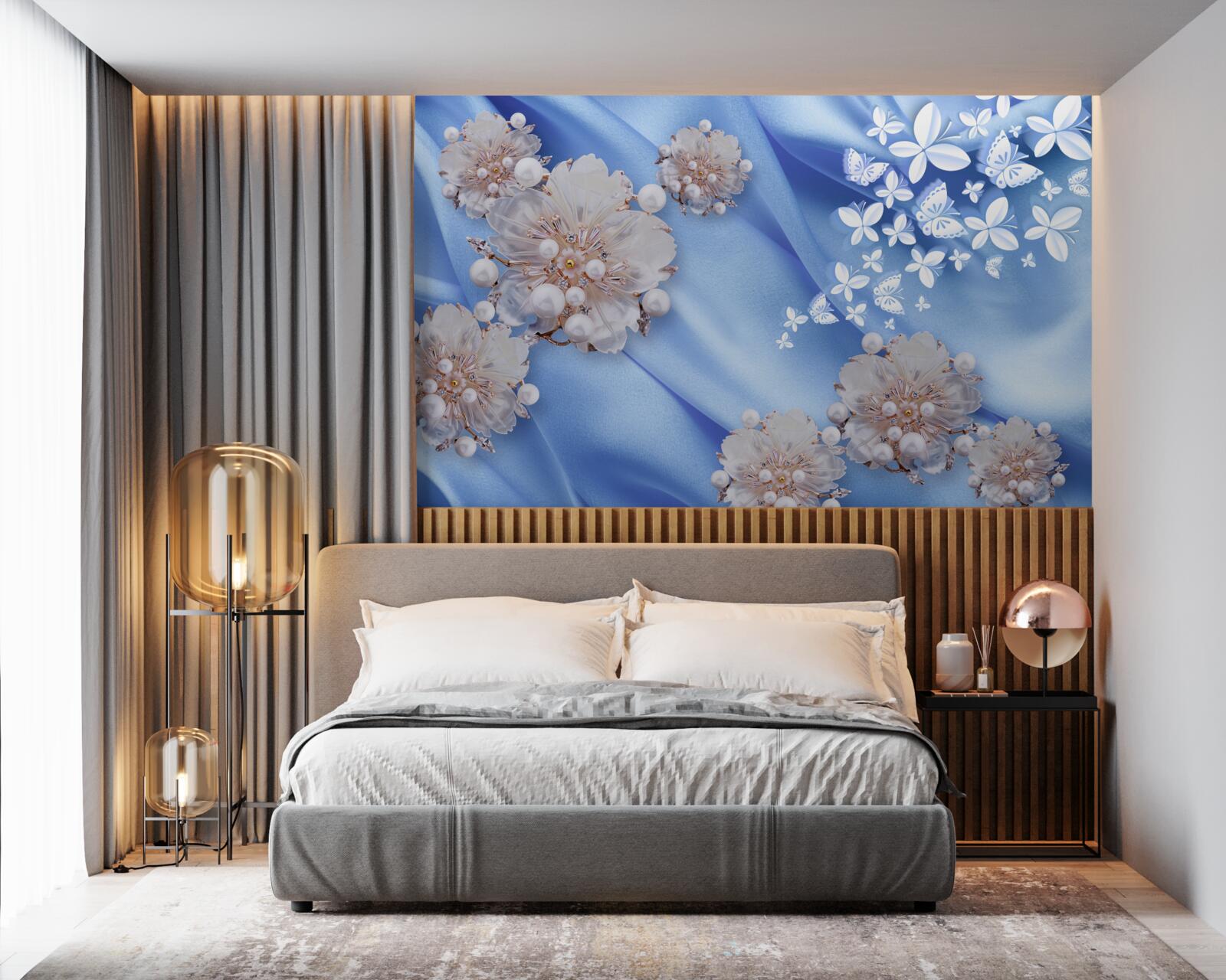 Фотошпалери білі метелики та квіти на блакитному шовку