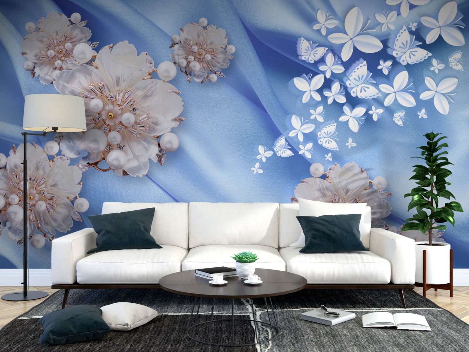 Фотошпалери білі метелики та квіти на блакитному шовку