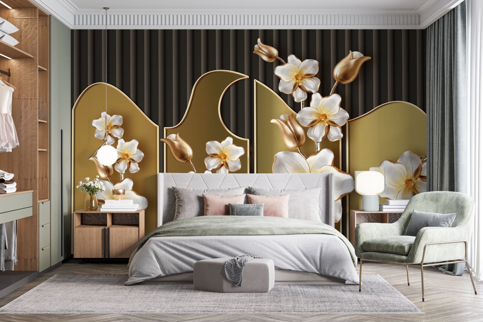 Фотошпалери Білосніжні гіацинти на золотому тлі