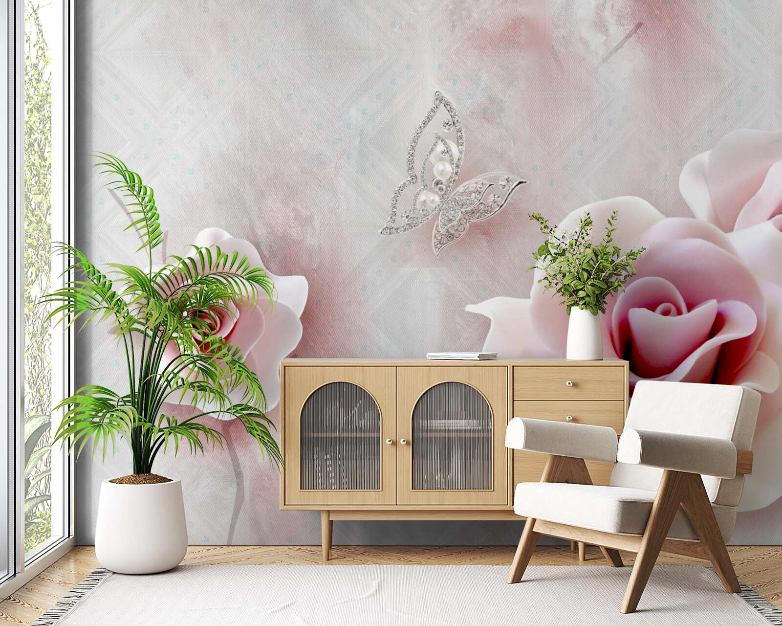 Фотошпалери метелики та бутони троянд