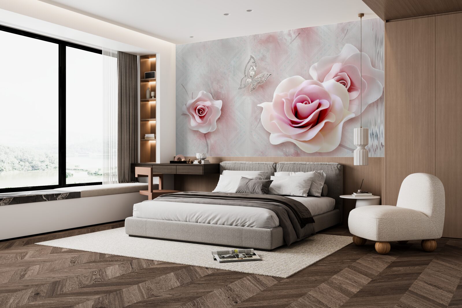 Фотошпалери метелики та бутони троянд