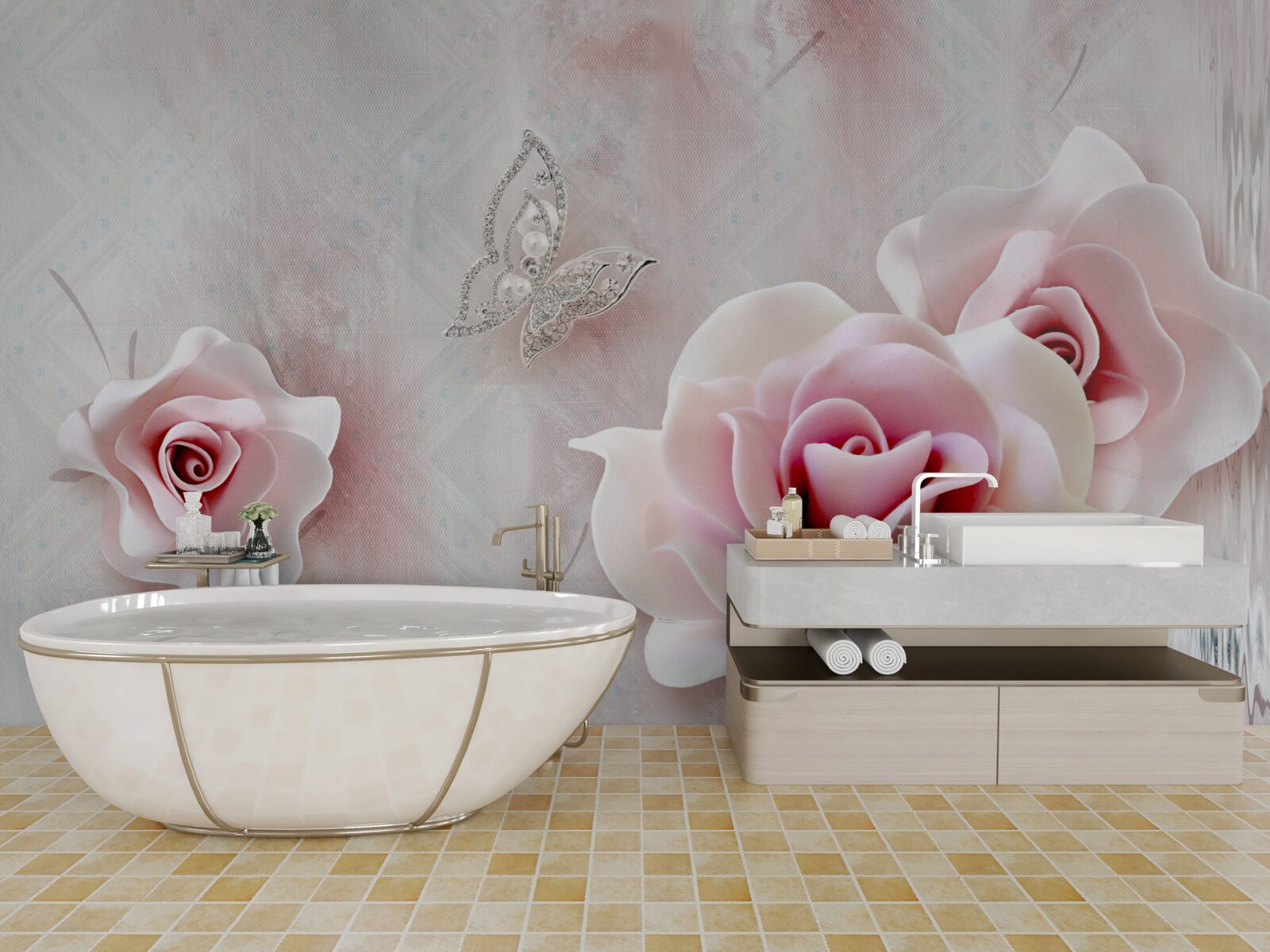 Фотошпалери метелики та бутони троянд