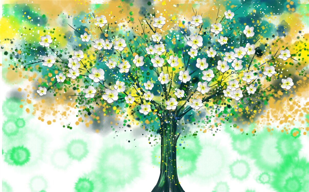 Фотошпалери квіти різних відтінків на квітучому дереві