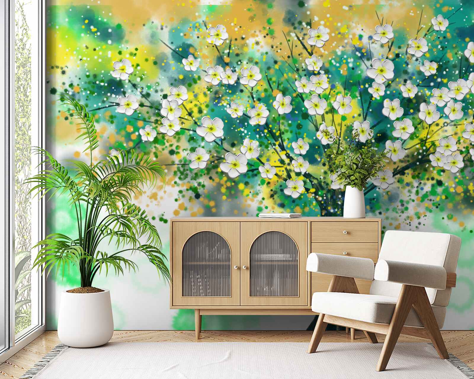 Фотошпалери квіти різних відтінків на квітучому дереві