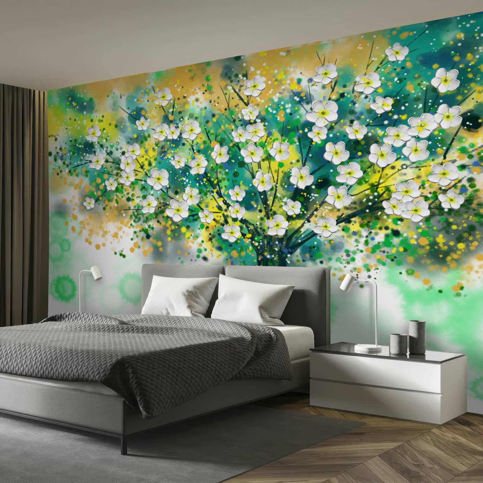 Фотошпалери квіти різних відтінків на квітучому дереві