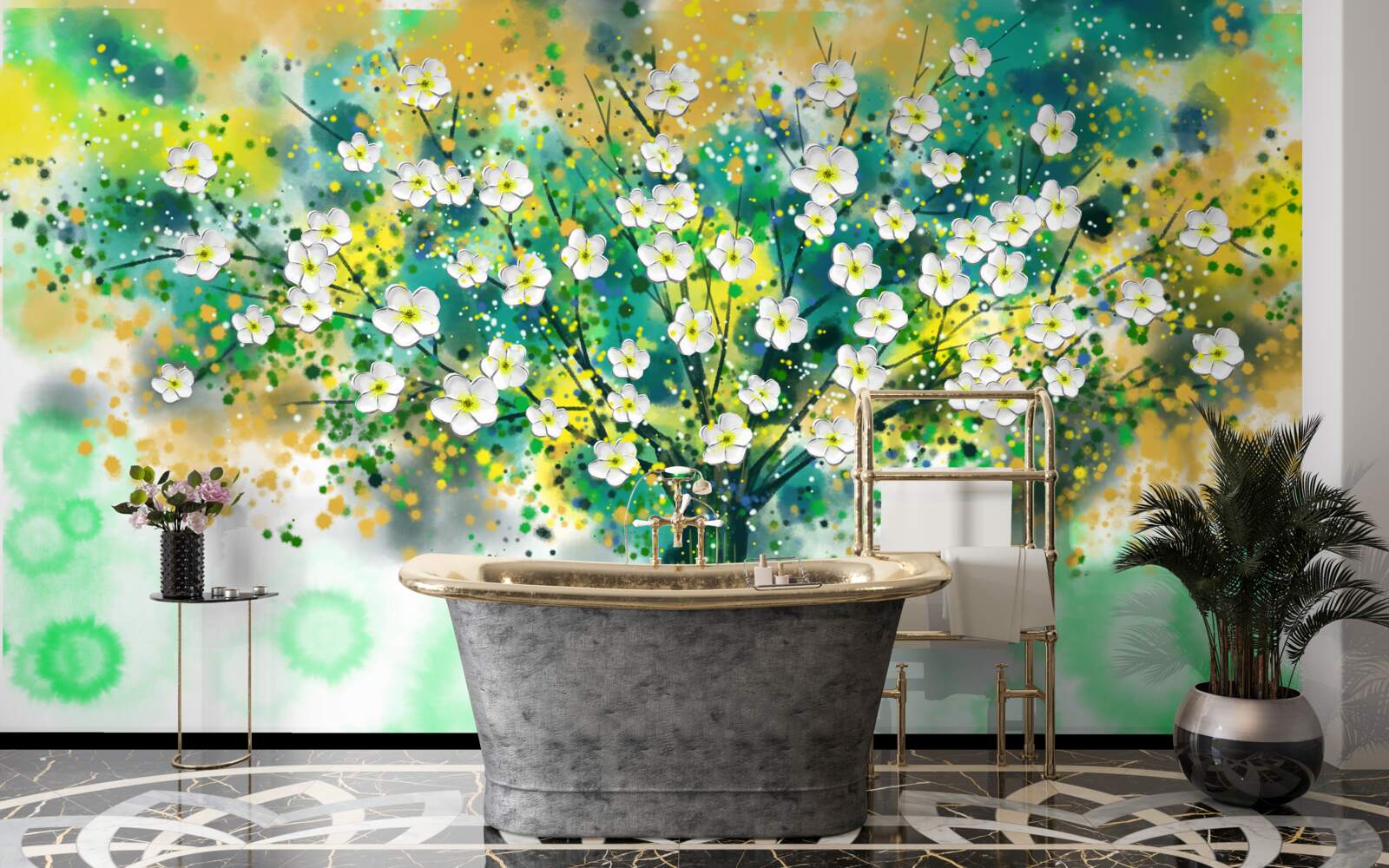 Фотошпалери квіти різних відтінків на квітучому дереві