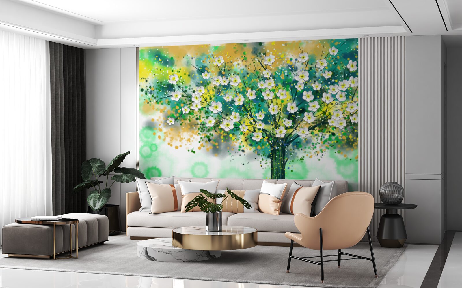 Фотошпалери квіти різних відтінків на квітучому дереві