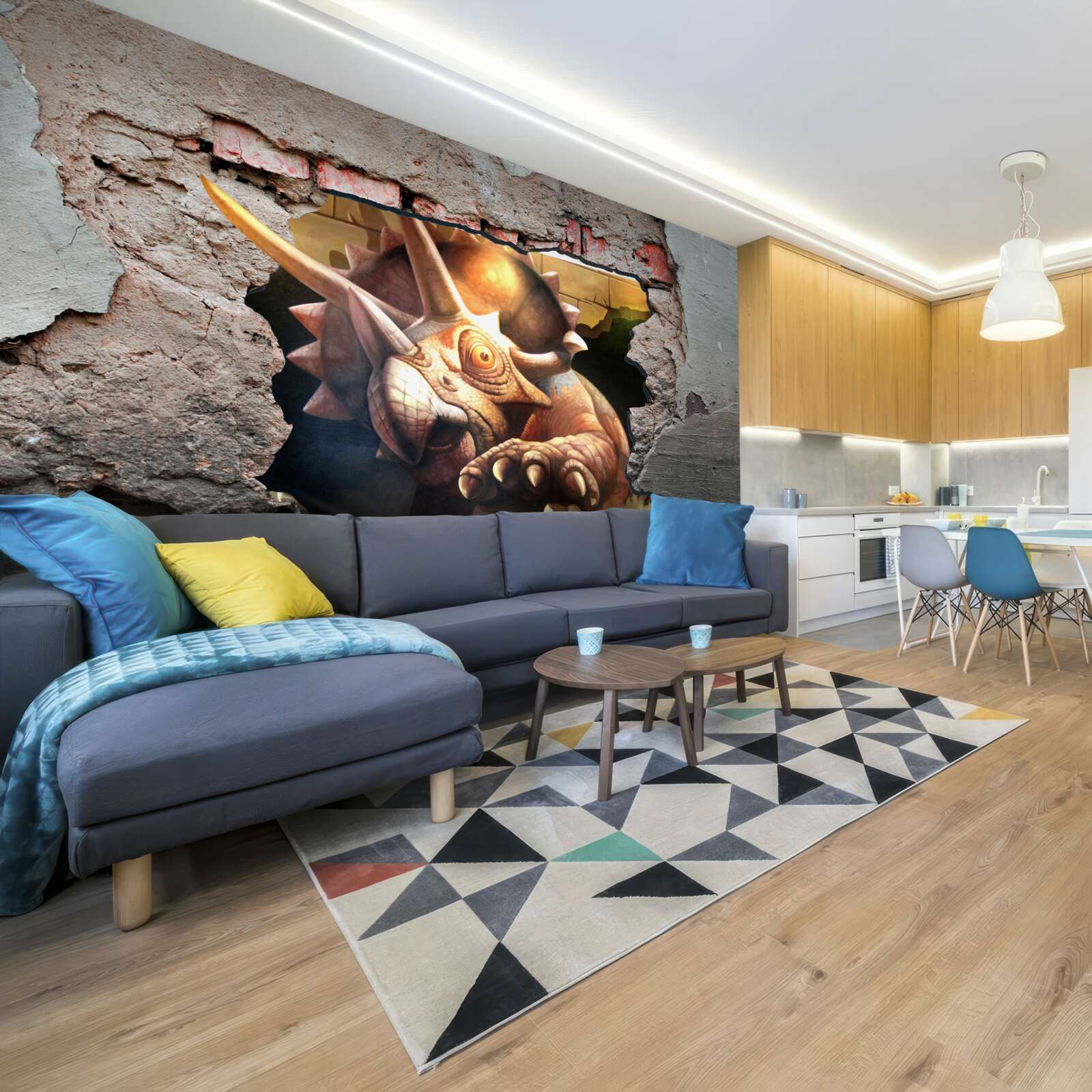 Фотошпалери динозавр долає перешкоду у вигляді кам'яної стіни