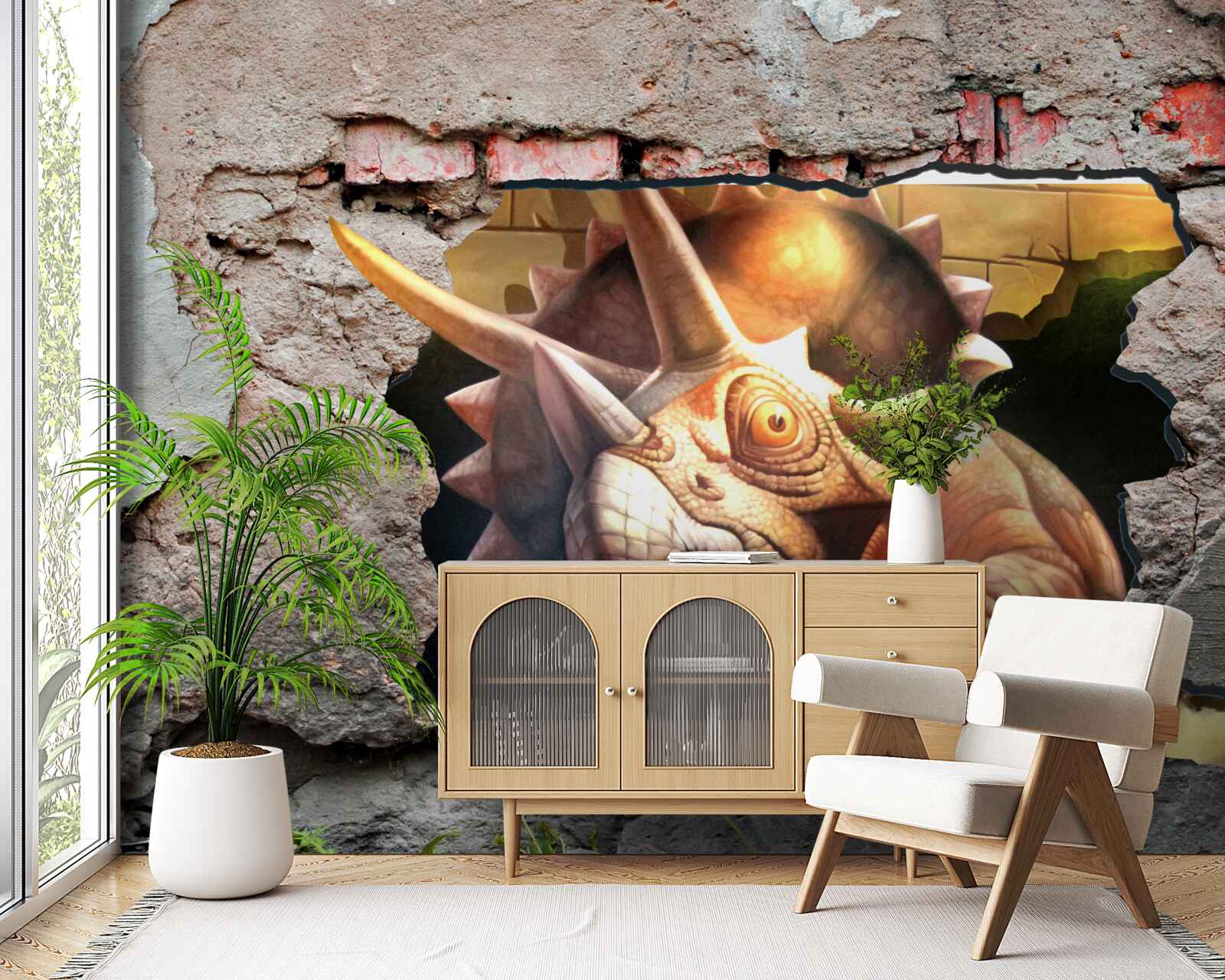 Фотошпалери динозавр долає перешкоду у вигляді кам'яної стіни