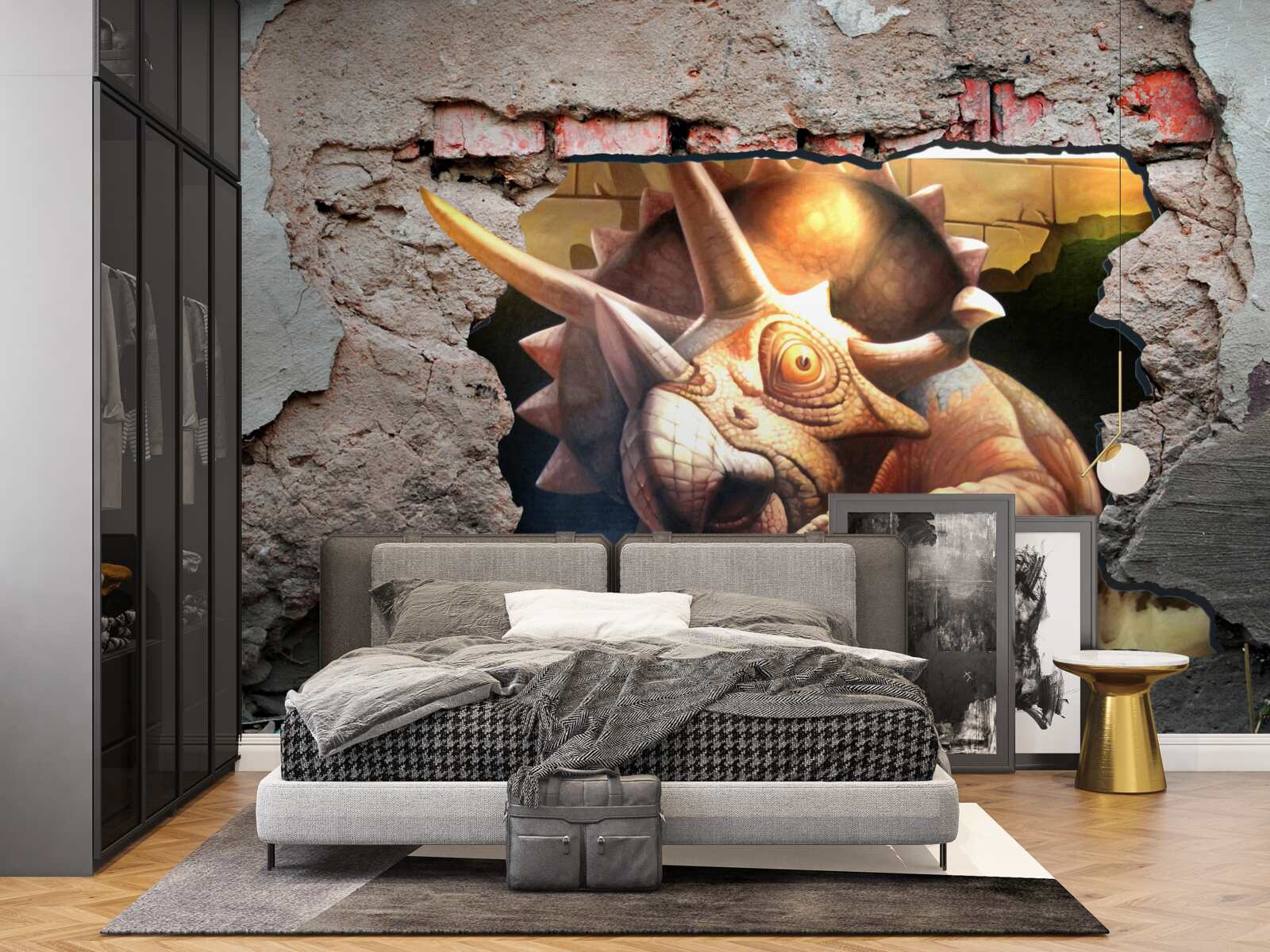 Фотошпалери динозавр долає перешкоду у вигляді кам'яної стіни