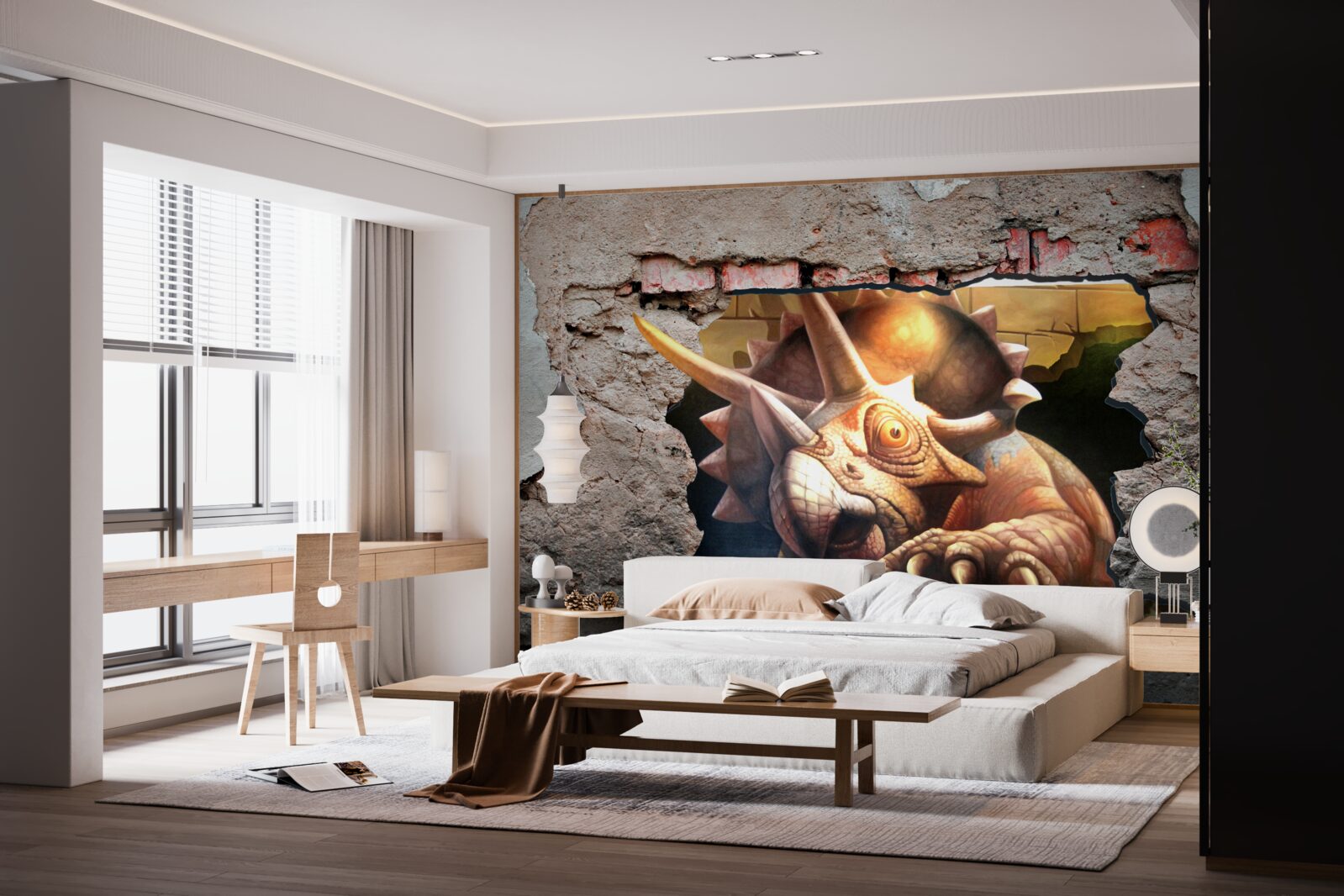 Фотошпалери динозавр долає перешкоду у вигляді кам'яної стіни