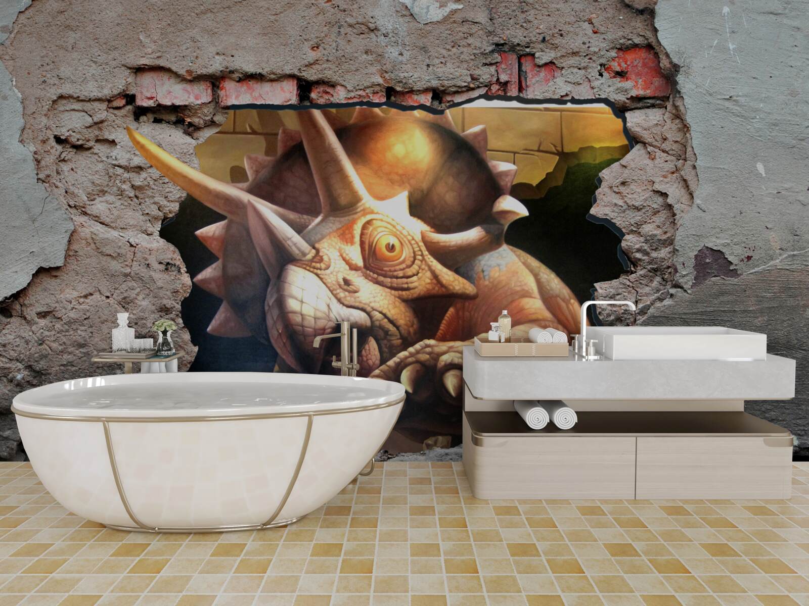 Фотошпалери динозавр долає перешкоду у вигляді кам'яної стіни