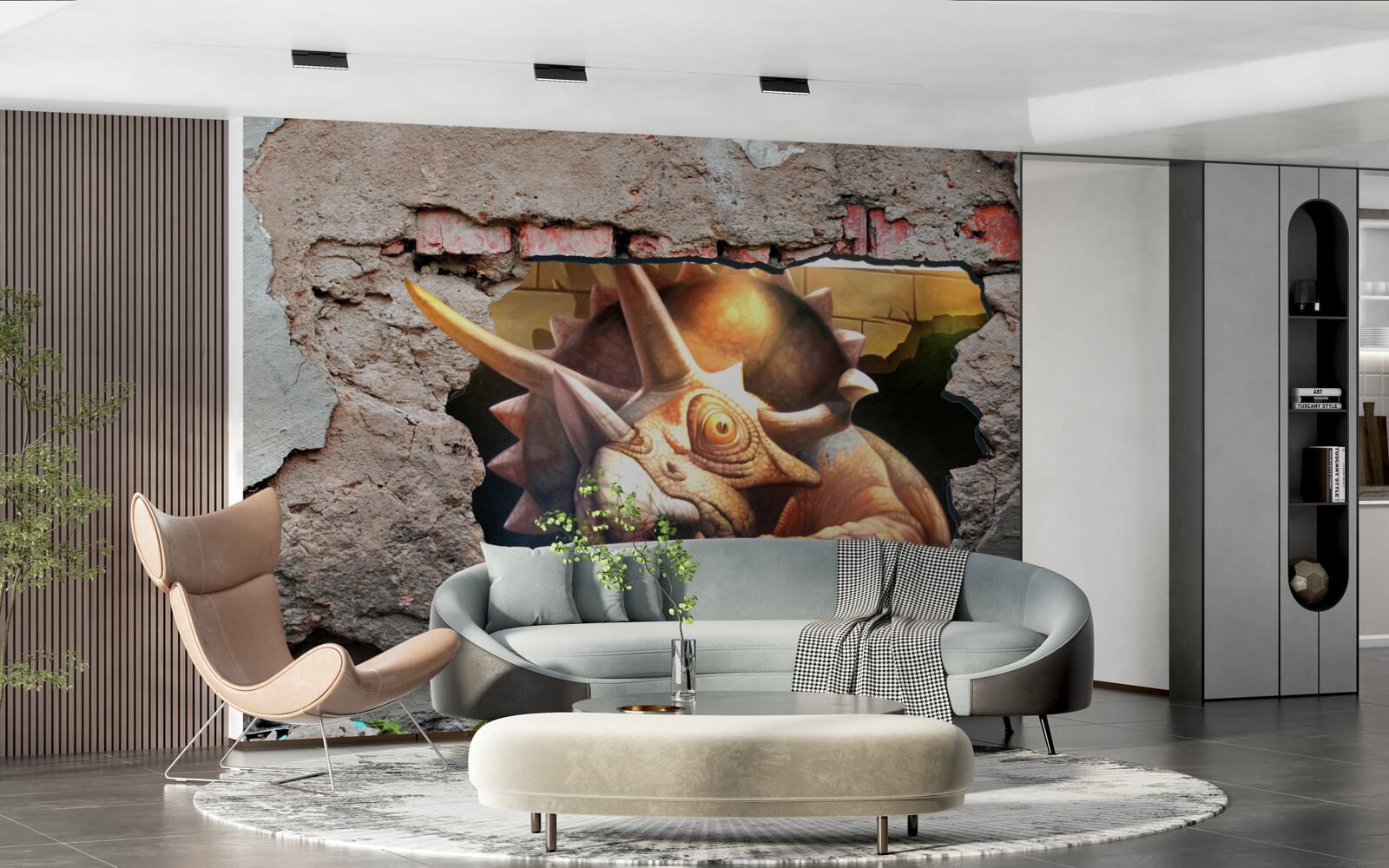 Фотошпалери динозавр долає перешкоду у вигляді кам'яної стіни