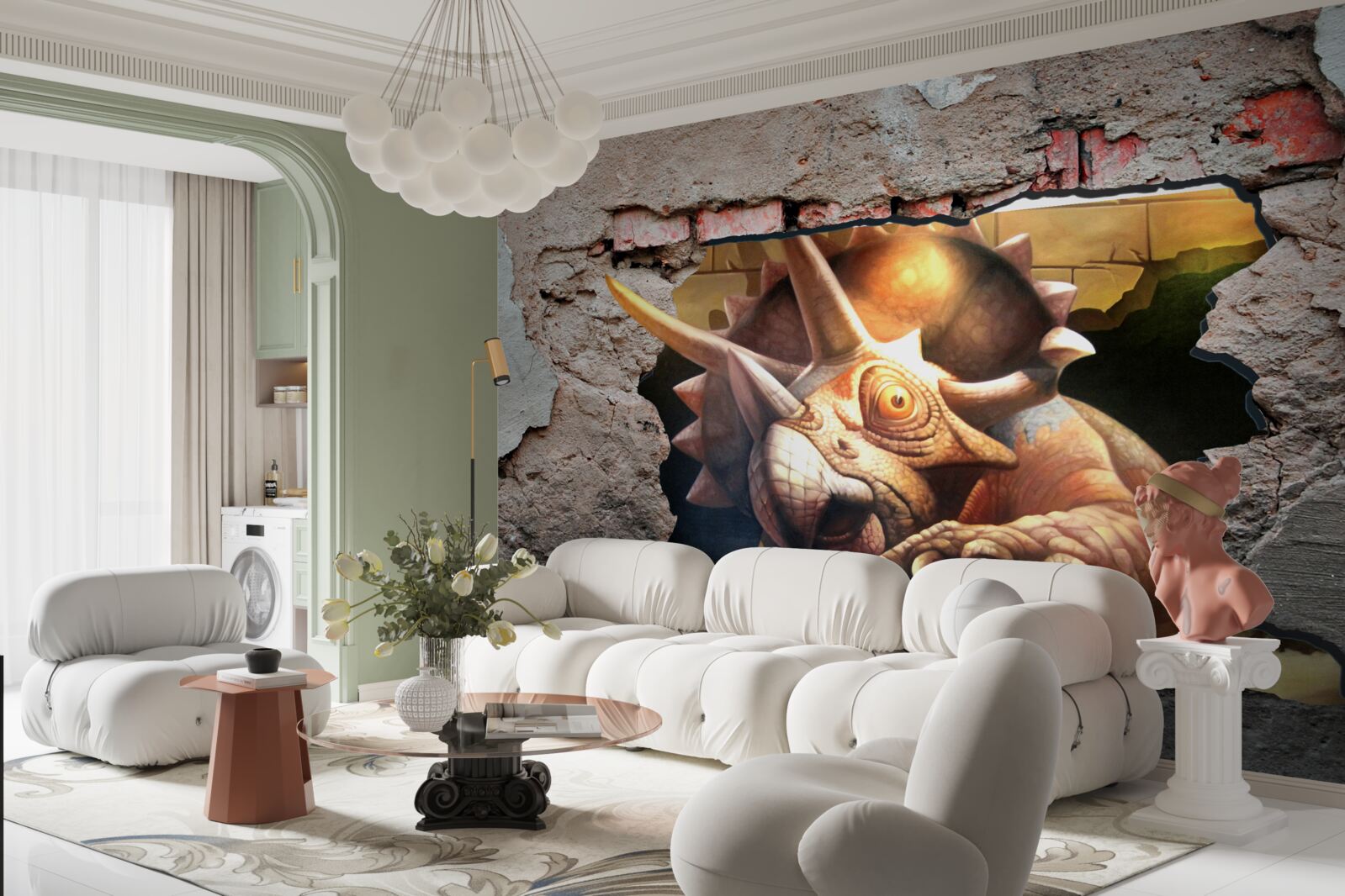 Фотошпалери динозавр долає перешкоду у вигляді кам'яної стіни