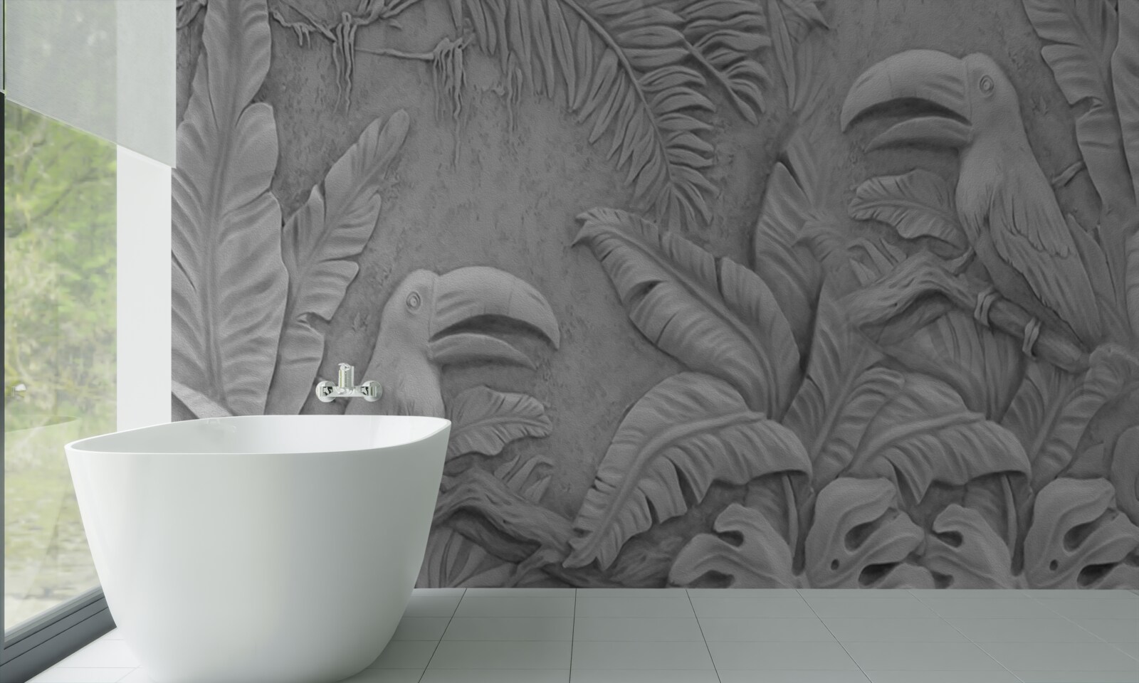 Фотошпалери барельєф тропічних птахів у лісі