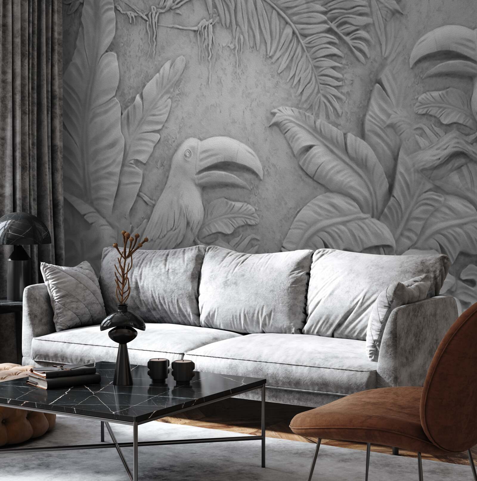 Фотошпалери барельєф тропічних птахів у лісі