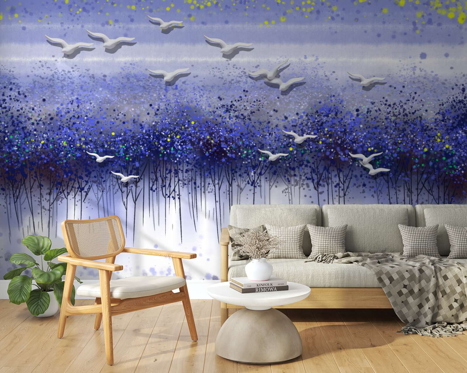 Фотошпалери зграя птахів у небі над лісом і озером, зануреним у сутінки