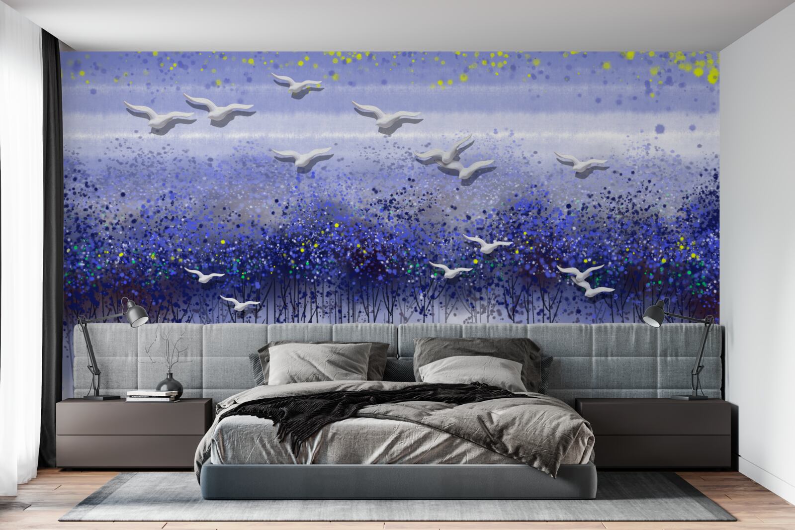 Фотошпалери зграя птахів у небі над лісом і озером, зануреним у сутінки