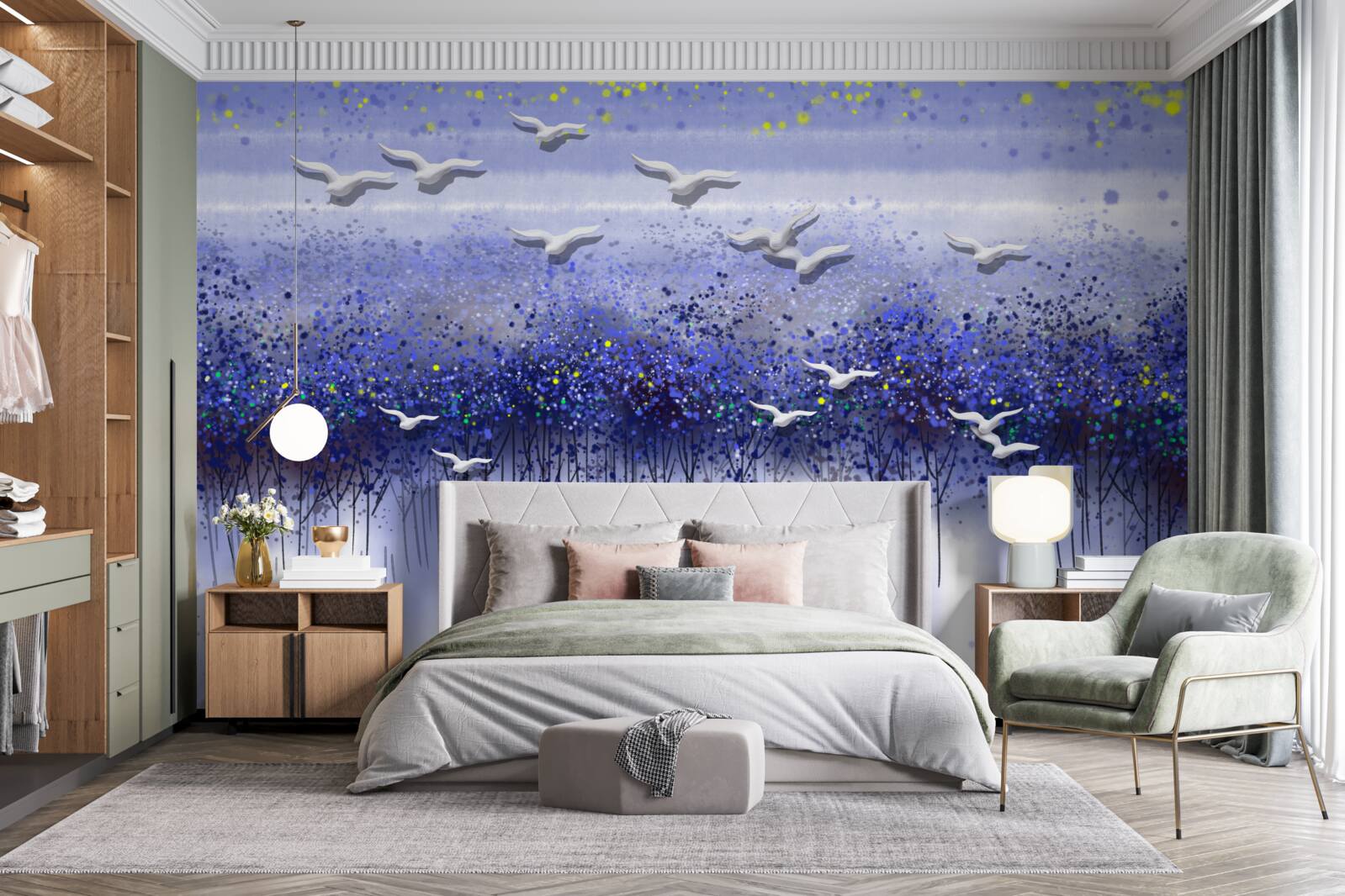 Фотошпалери зграя птахів у небі над лісом і озером, зануреним у сутінки