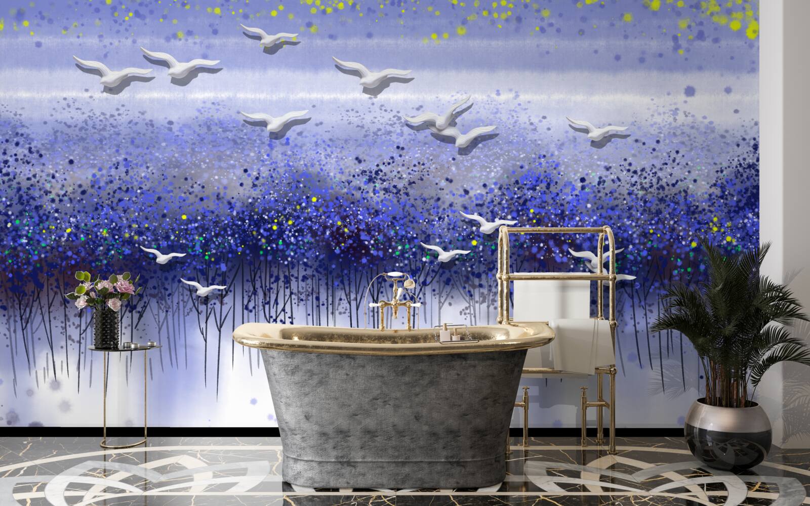 Фотошпалери зграя птахів у небі над лісом і озером, зануреним у сутінки