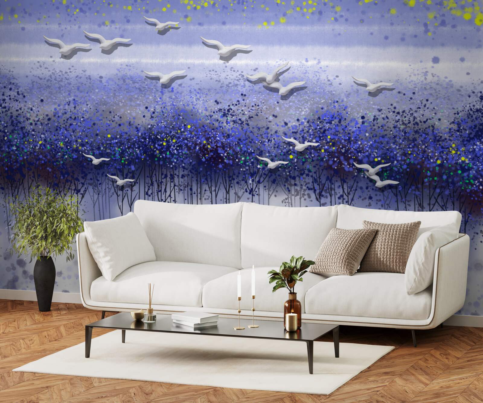 Фотошпалери зграя птахів у небі над лісом і озером, зануреним у сутінки