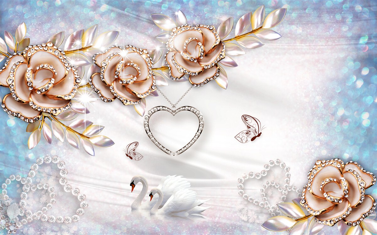 Фотошпалери гілки квітів, що виблискують золотом, і білі, як сніг, лебеді