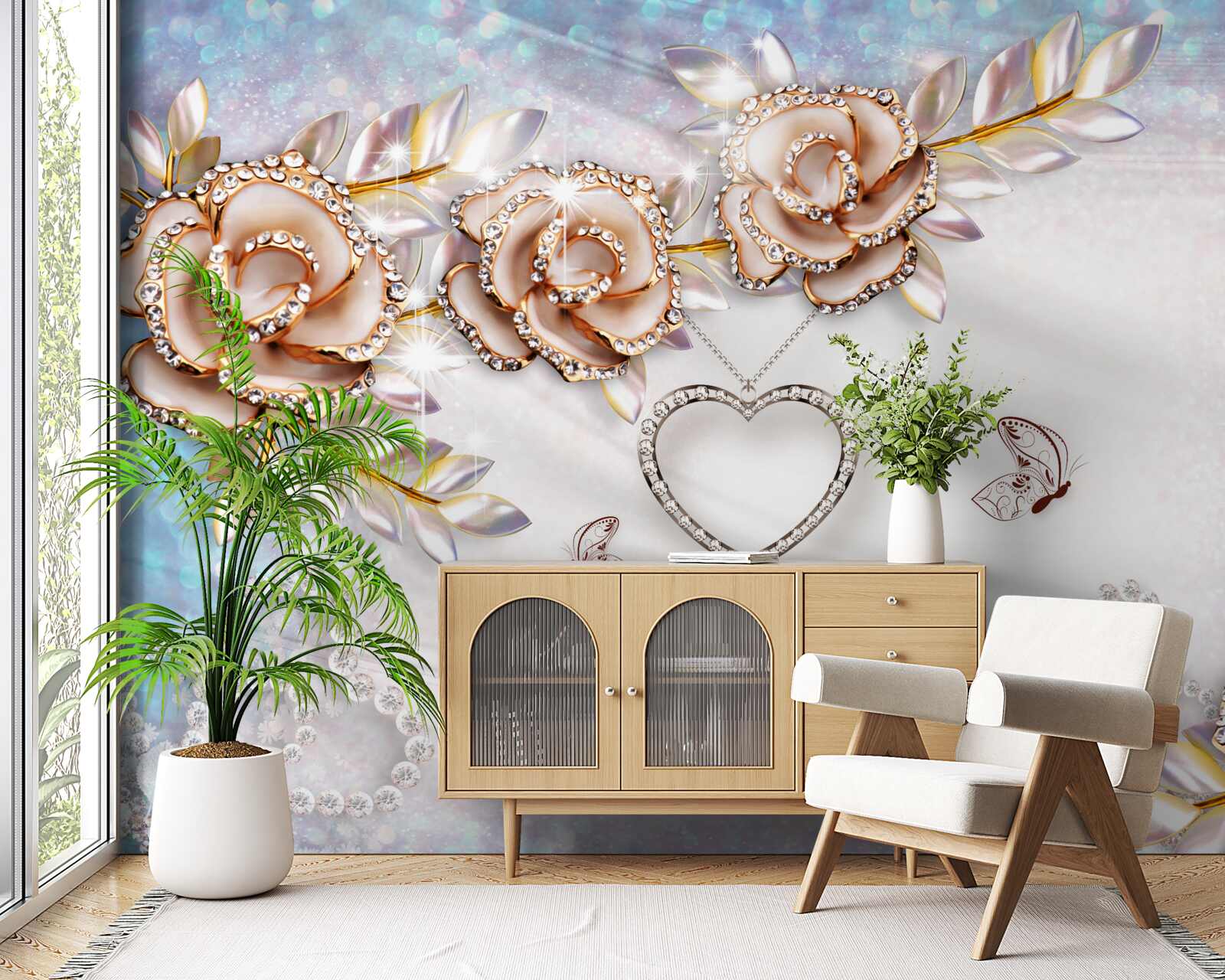 Фотошпалери гілки квітів, що виблискують золотом, і білі, як сніг, лебеді