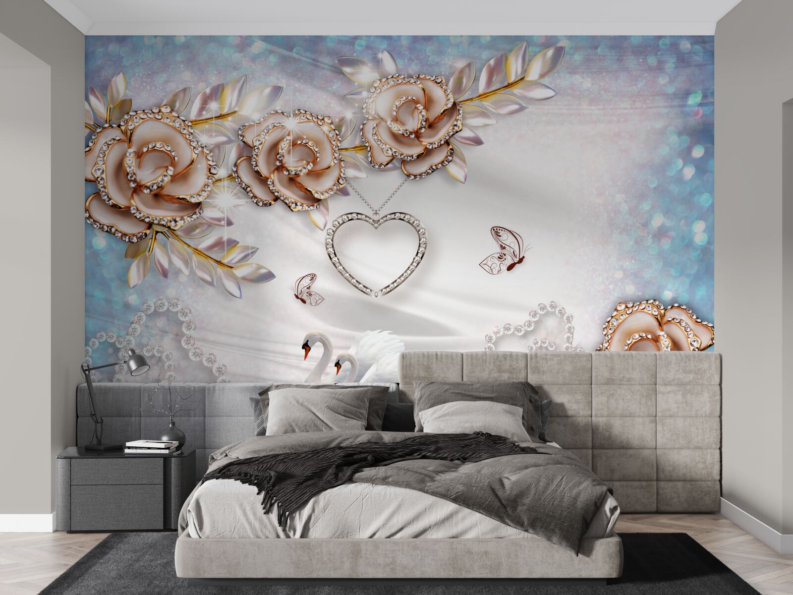 Фотошпалери гілки квітів, що виблискують золотом, і білі, як сніг, лебеді