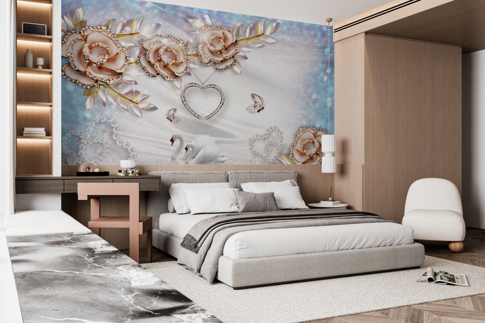 Фотошпалери гілки квітів, що виблискують золотом, і білі, як сніг, лебеді