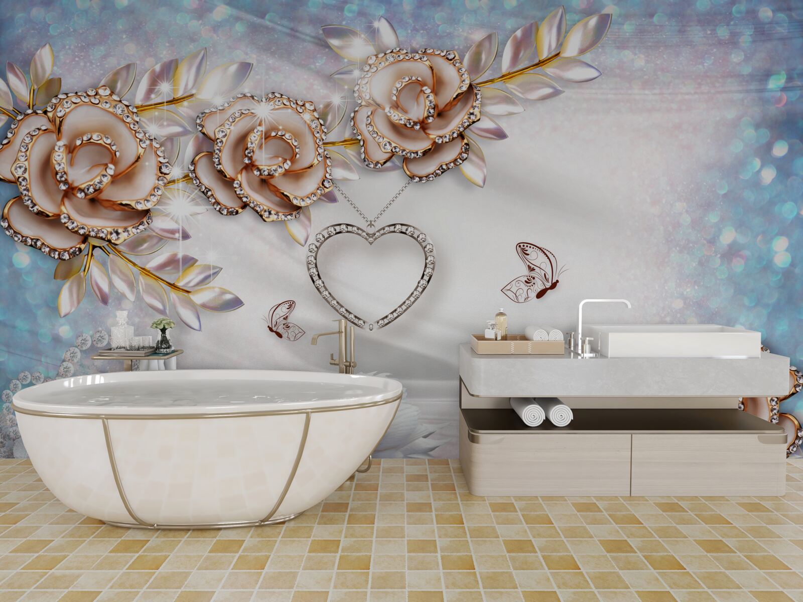 Фотошпалери гілки квітів, що виблискують золотом, і білі, як сніг, лебеді