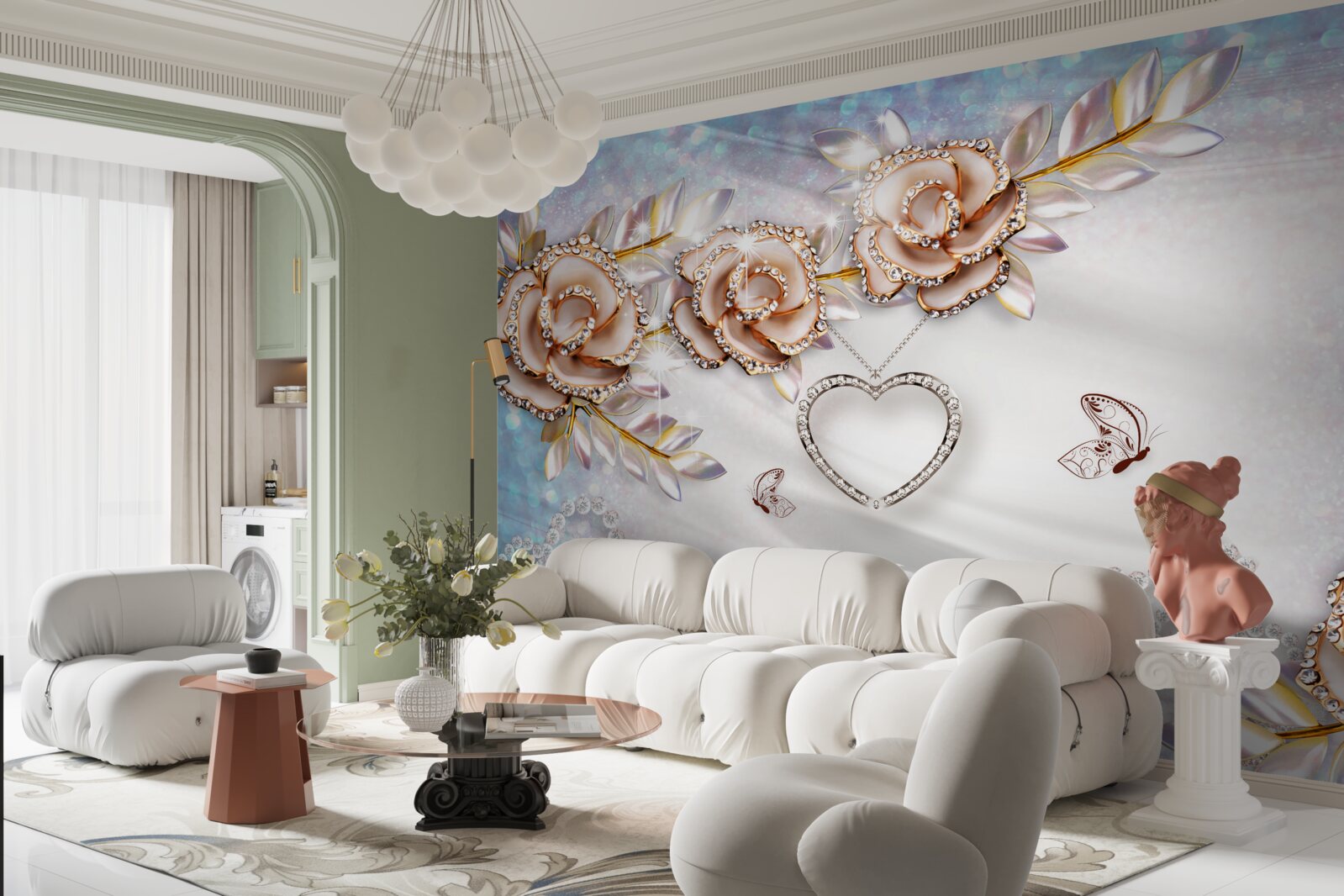 Фотошпалери гілки квітів, що виблискують золотом, і білі, як сніг, лебеді