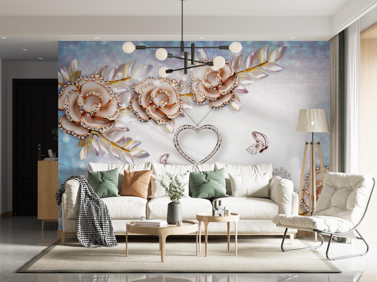 Фотошпалери гілки квітів, що виблискують золотом, і білі, як сніг, лебеді