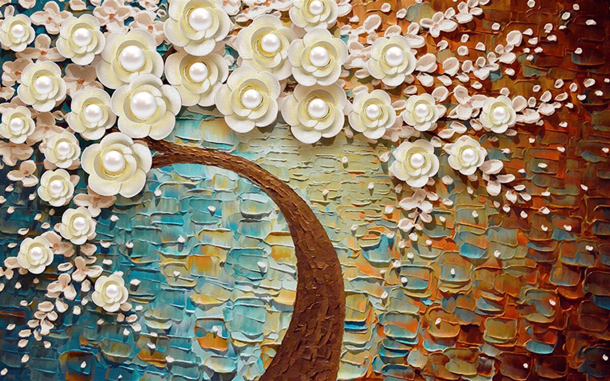 Фотошпалери дерево з перлинно-білими квітами