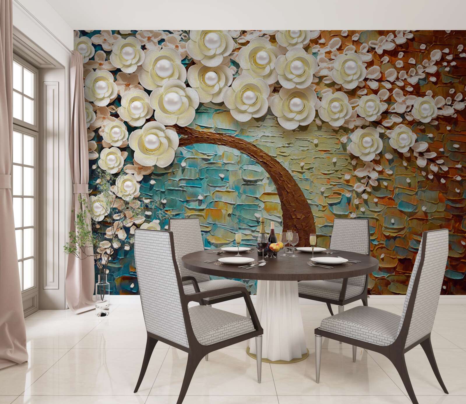 Фотошпалери дерево з перлинно-білими квітами