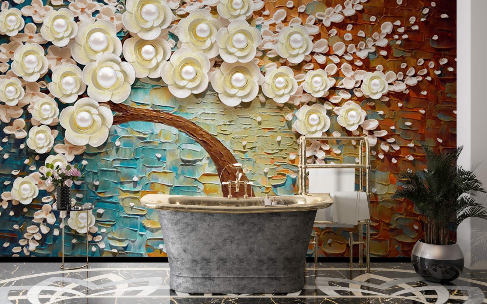 Фотошпалери дерево з перлинно-білими квітами