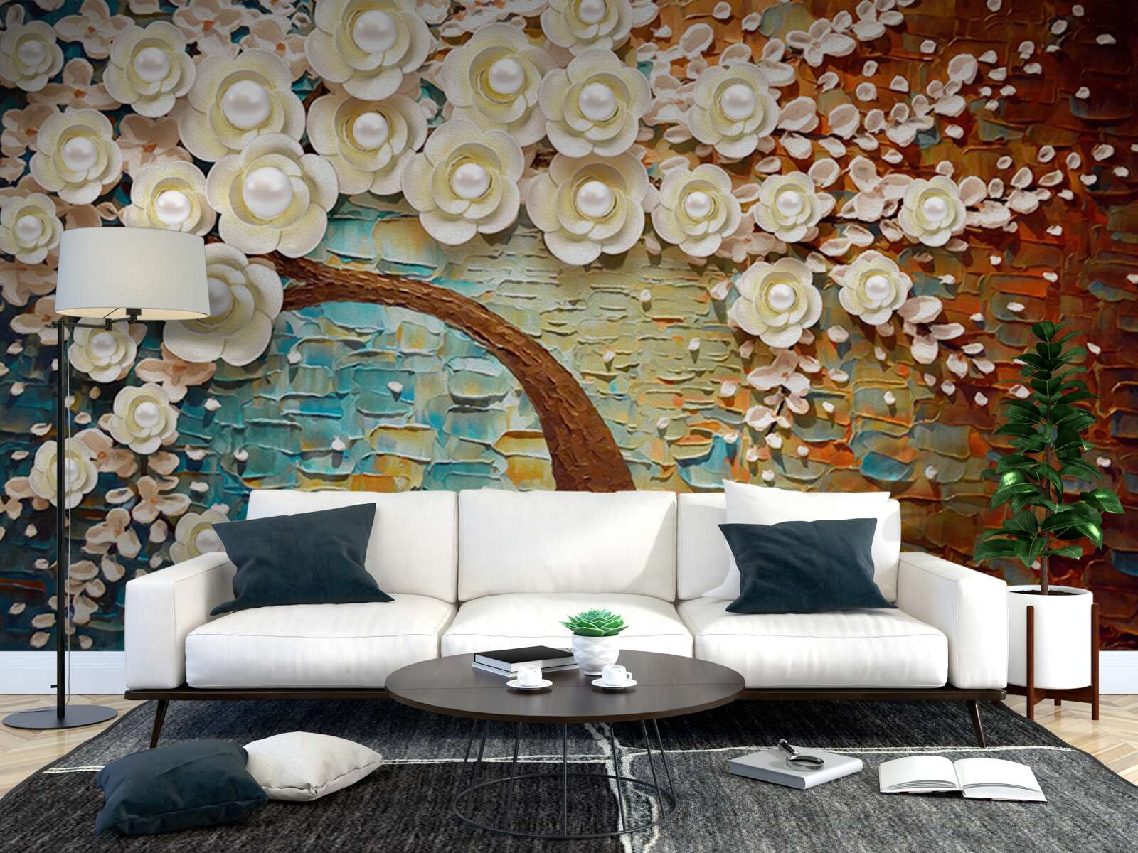 Фотошпалери дерево з перлинно-білими квітами