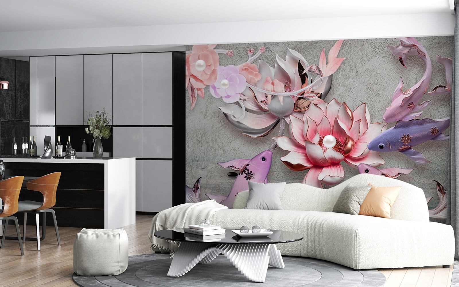 Фотошпалери озерна сцена з лотосами та рибами