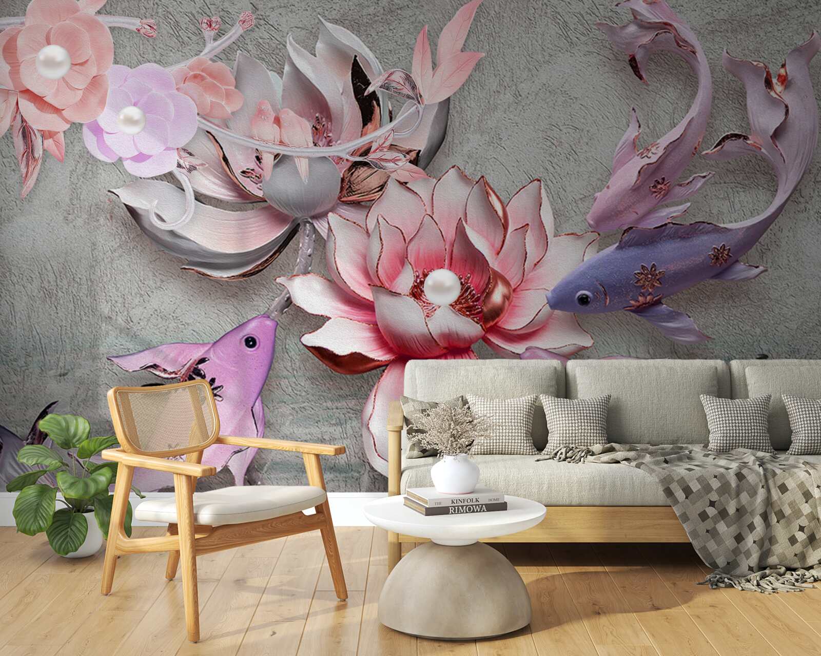 Фотошпалери озерна сцена з лотосами та рибами