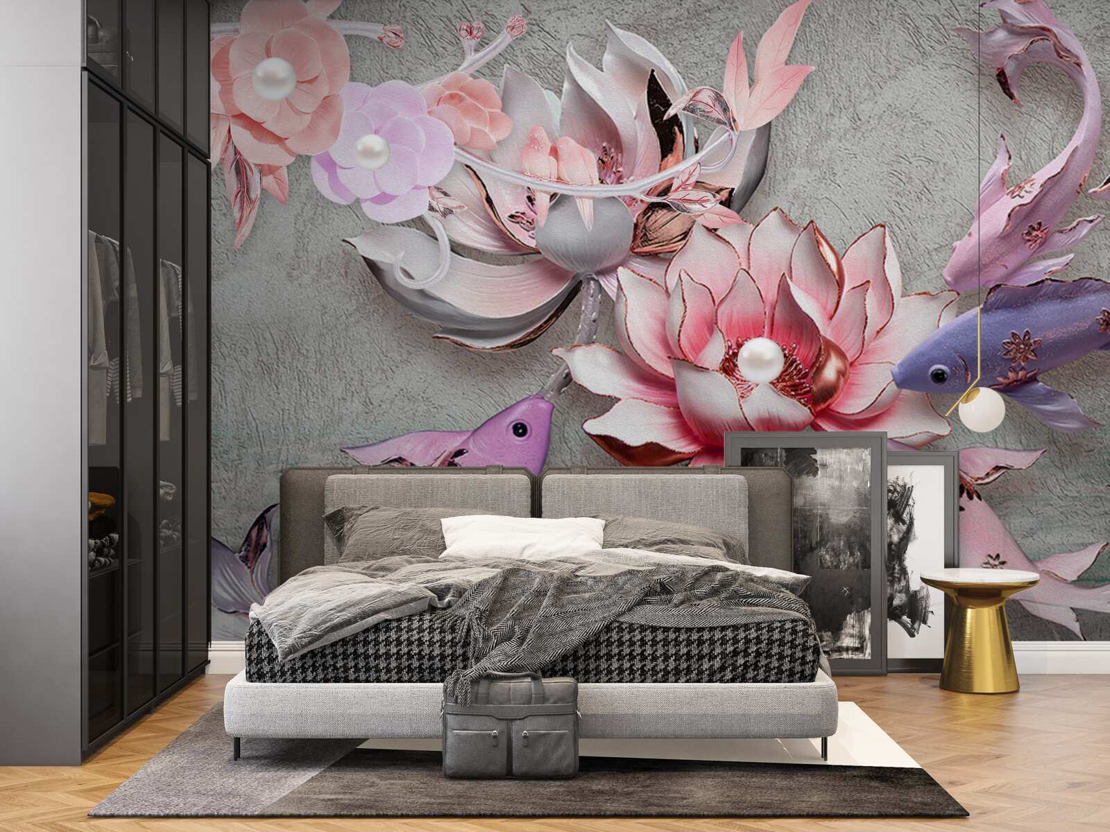 Фотошпалери озерна сцена з лотосами та рибами