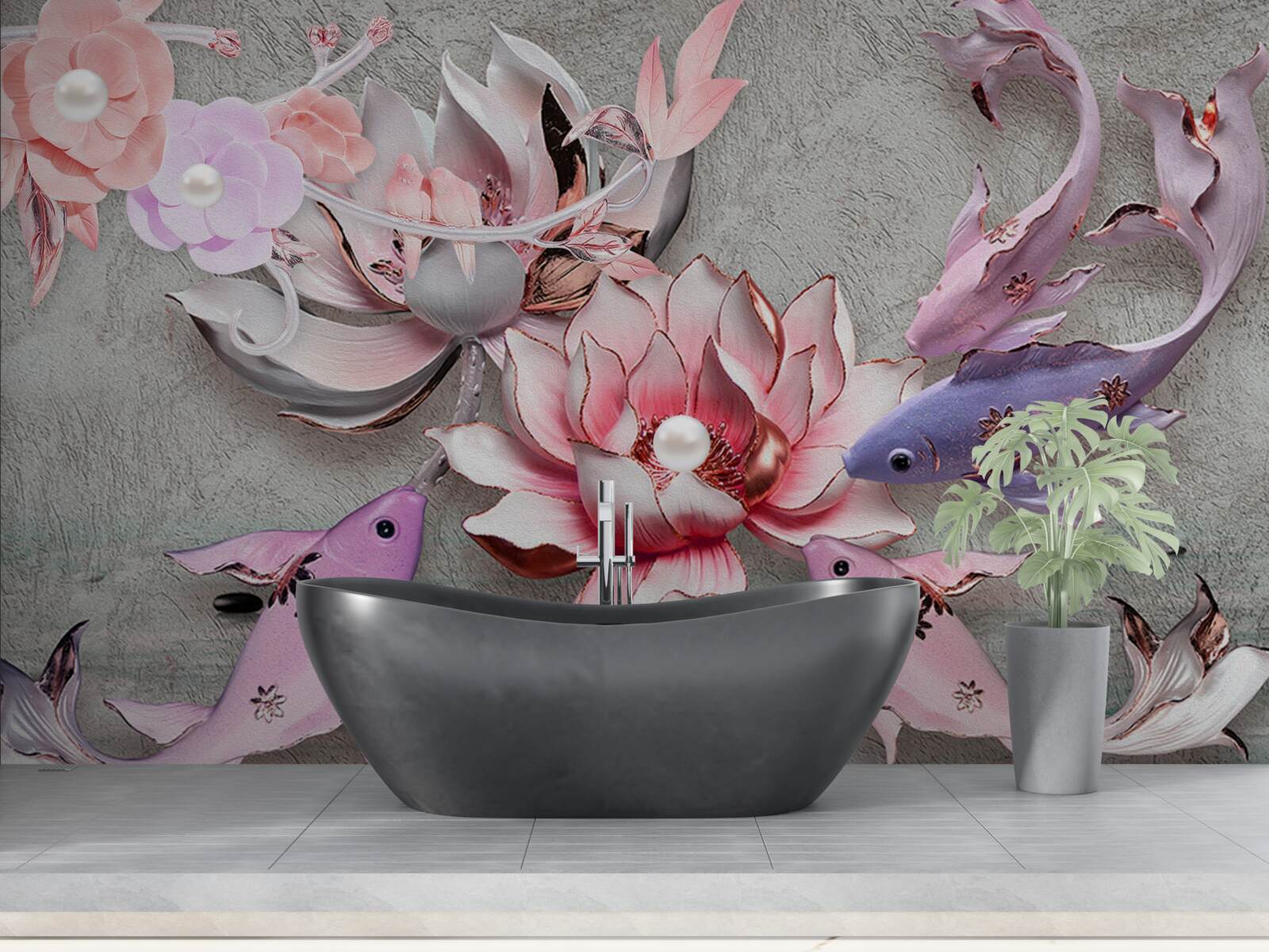 Фотошпалери озерна сцена з лотосами та рибами